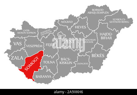 Somogy evidenziata in rosso nella mappa di Ungheria Foto Stock