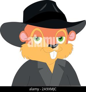 Ben vestito gentleman muskrat con nero fedora hat. roditore arancione con cappello nero e mantello nero simile a un agente segreto. (Ondatra zibethicus) Illustrazione Vettoriale