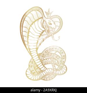 Cobra reale con cappa e corona. Golden vettore isolato viper snake, disegnati a mano il logo di lusso per la caccia, tema sport. Il Mascot tattoo modello con zanne e lingua. Carattere femminile. Illustrazione Vettoriale