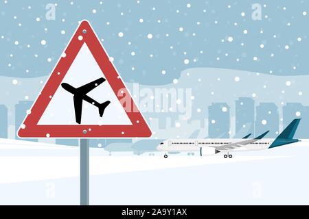 L'aereo decolla dall'aeroporto durante una nevicata. Illustrazione Vettoriale Illustrazione Vettoriale