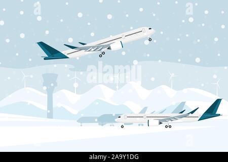 L'aereo decolla dall'aeroporto durante una nevicata. Illustrazione Vettoriale Illustrazione Vettoriale