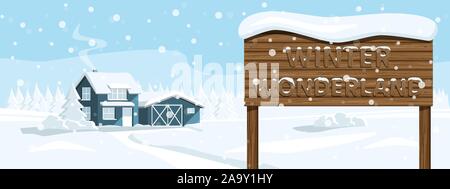 Casa in legno in un bosco innevato. Winter Wonderland. Vector modello di pagina di intestazione. Illustrazione Vettoriale