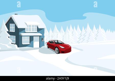 Auto elettrica collegata a un cavo di ricarica in prossimità di una casa d'inverno. Illustrazione Vettoriale Illustrazione Vettoriale