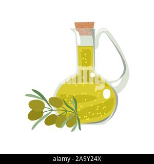 Isolato una bottiglia di vetro con olio di oliva e un rametto con frutti e foglie di olivo. Vettore illustrazione piatta su un bianco Illustrazione Vettoriale