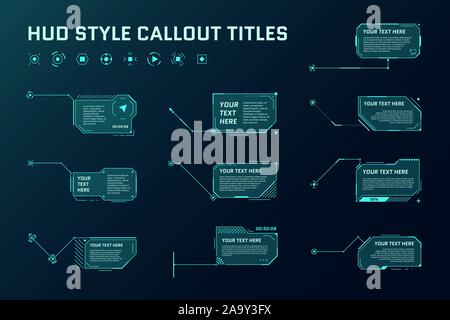 Titoli di callout futuristici HUD. Barre delle frecce delle chiamate di informazioni e modelli di layout dei riquadri delle informazioni digitali moderni. Interfaccia utente e insieme di elementi GUI. Illustrazione vettoriale Illustrazione Vettoriale