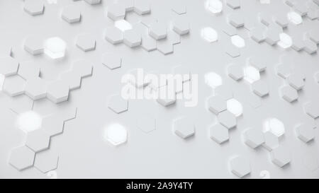 Bianco esagonale geometrico astratto dello sfondo. Poligono di superficie pattern con esagoni incandescente, honeycomb. Abstract white self-esagoni luminosi Foto Stock