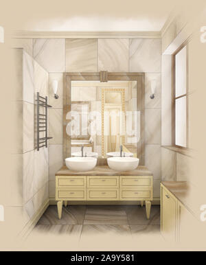 Schizzo della stanza da bagno in marmo. 3D render illustrazione Foto Stock