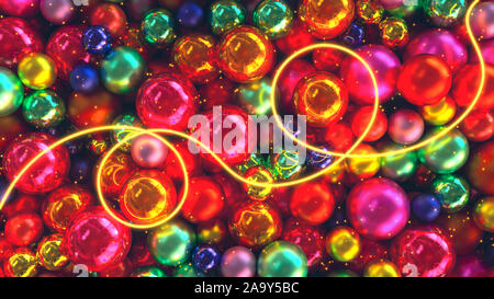 3D illustrazione di molti multi-colore di giocattoli di Natale e le luci con incandescente line texture di sfondo render. Foto Stock