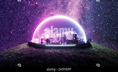 Incapsulato isolate città futuristica sul paesaggio con vegetazione sul nuovo pianeta abitabile con la vita, 3d rendering, colonizzazione dello spazio con il concetto di spazio Foto Stock