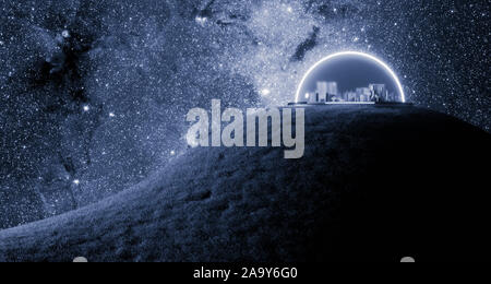 Incapsulato isolate città futuristica sul paesaggio con vegetazione sul nuovo pianeta abitabile con la vita, 3d rendering, colonizzazione dello spazio con il concetto di spazio Foto Stock