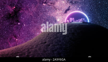 Incapsulato isolate città futuristica sul paesaggio con vegetazione sul nuovo pianeta abitabile con la vita, 3d rendering, colonizzazione dello spazio con il concetto di spazio Foto Stock