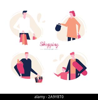 Shopping - design piatto vettore di stile il set di caratteri Illustrazione Vettoriale