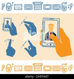 Set di mano azienda montante Mobile Phone con uomo sullo schermo. Piatto e la linea icone di stile Illustrazione Vettoriale