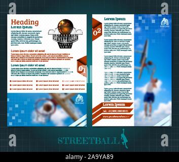 Due facciate brochure di basket o il flyer streetball progettazione del modello con foto sfocata ellements. Mock-up vettore copertura sport style Illustrazione Vettoriale