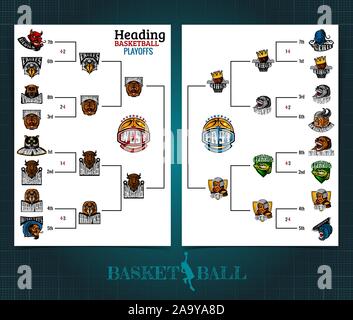 Due lati basket brochure e volantini, streetball playoff progettazione del modello con staffa torneo su bianco. Mock-up vettore copertura sport style Illustrazione Vettoriale