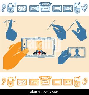 Set di mano azienda orizzontalmente Mobile Phone con uomo sullo schermo. Linea piatta icone di stile Illustrazione Vettoriale