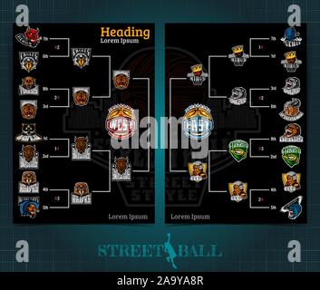 Due lati basket brochure e volantini, streetball playoff progettazione del modello con staffa torneo. Mock-up vettore copertura sport style Illustrazione Vettoriale