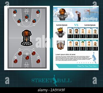 Due lati basket brochure e volantini, streetball modello di progettazione con i giocatori sul campo e il logo . Mock-up vettore copertura sport style Illustrazione Vettoriale