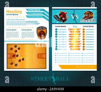 Due lati basket brochure e volantini, progettazione del modello con due team di giocatori e statistica. Mock-up vettore copertura sport style Illustrazione Vettoriale