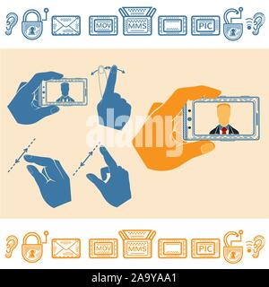 Set di mano azienda orizzontalmente Mobile Phone con uomo sullo schermo. Piatto e la linea icone di stile Illustrazione Vettoriale