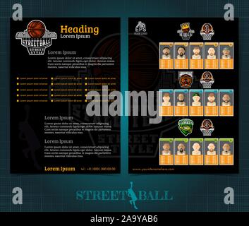 Due lati basket brochure e volantini, streetball progettazione del modello con squadre di giocatori e il logo . Mock-up vettore copertura sport style Illustrazione Vettoriale