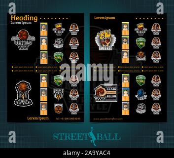 Due lati basket brochure e volantini, streetball concorrenza progettazione del modello con loghi squadre e i vincitori . Mock-up vettore copertura sport style Illustrazione Vettoriale