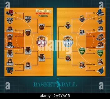 Due lati playoff basket brochure e volantini, progettazione del modello con staffa torneo su sfondo del campo. Mock-up vettore copertura sport style Illustrazione Vettoriale