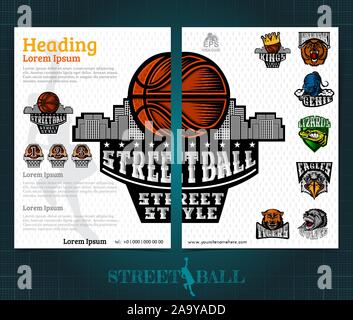 Due lati basket brochure e volantini, streetball progettazione del modello con loghi squadra del campionato. Mock-up vettore copertura sport style Illustrazione Vettoriale