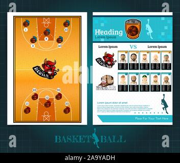 Due lati basket brochure e volantini, progettazione del modello con campo, i giocatori e il logo . Mock-up vettore copertura sport style Illustrazione Vettoriale