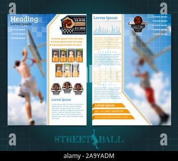Due lati basket brochure e volantini, streetball Slam Dunk concorrenza progettazione del modello con i giocatori e un premio in luogo. Mock-up vettore copertura sport styl Illustrazione Vettoriale
