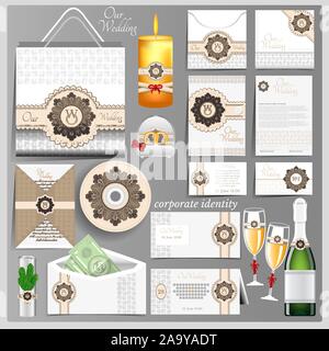 White wedding corporate identity modello con cerchio marrone elemento di modello. Business mock-up con logo Illustrazione Vettoriale