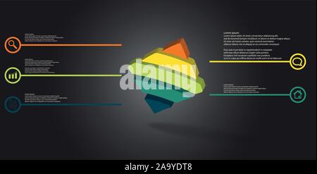 3D illustrazione modello infografico. Il piegato goffrato rombo è divisa orizzontalmente a cinque parti a colori. Scopo è di sbieco disposti su grigio nero indietro Illustrazione Vettoriale