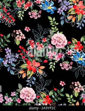 Seamless acquerello design floreale con sfondo nero per stampa tessile. Moderno sfondo floreale. Foto Stock