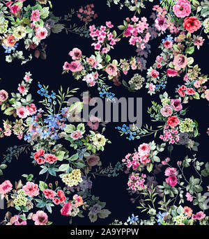 Acquerello seamless pattern con piccoli fiori. Dipinto a mano illustrazione ad acquerello su sfondo blu scuro. Foto Stock