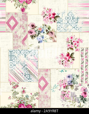 Seamless modello patchwork con linee e fiori. Etnica in stile indiano. Foto Stock