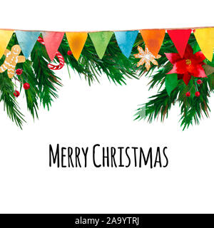 Abete rami confine con simboli di natale: garland, poinsettia, berrys, candela, cookie Foto Stock