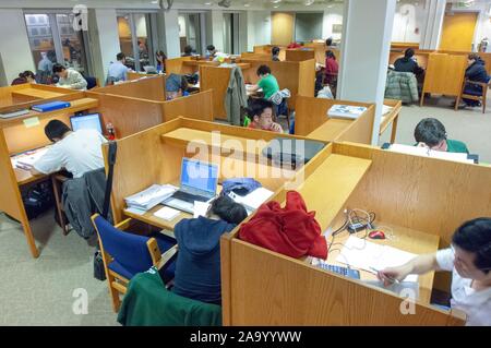 Alta angolazione di studenti che lavorano presso le singole scrivanie, in un area di studio in Milton S Eisenhower biblioteca presso la Johns Hopkins University, Baltimora, Maryland, Dicembre 12, 2007. Dall'Homewood raccolta di fotografie. () Foto Stock