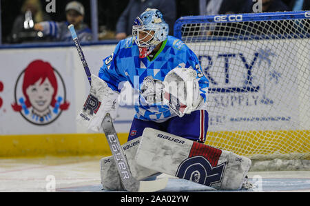 Il Jacksonville Icemen goaltender Michael McNiven (31) durante il warm-up prima di un ECHL professional hockey gioco contro la Orlando orsi solare a Veterans Memorial Arena a Jacksonville, Florida, Sabato, nov. 16, 2019. [Gary Lloyd McCullough/CSM] Credito: Cal Sport Media/Alamy Live News Foto Stock