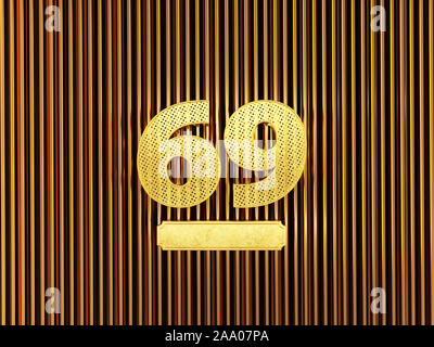 Numero 69 (numero sessantanove) perforato con piccoli fori sul metallo dello sfondo. 3D illustrazione Foto Stock