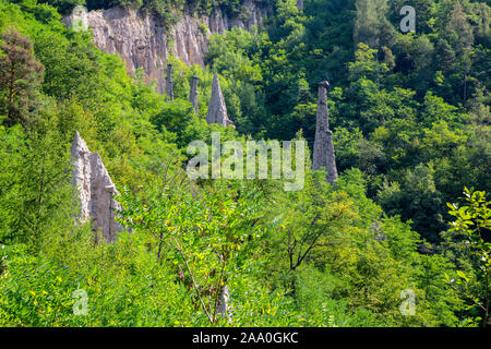 Una delle attrattive geologiche di Segonzano si trovano piramidi. Questi "piramidi" sono in realtà rimane di gres pilastri che non sono colpite da erosi Foto Stock