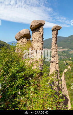 Una delle attrattive geologiche di Segonzano si trovano piramidi. Questi "piramidi" sono in realtà rimane di gres pilastri che non sono colpite da erosi Foto Stock