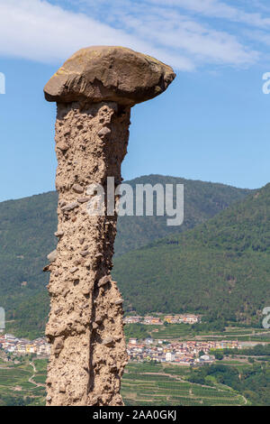 Una delle attrattive geologiche di Segonzano si trovano piramidi. Questi "piramidi" sono in realtà rimane di gres pilastri che non sono colpite da erosi Foto Stock