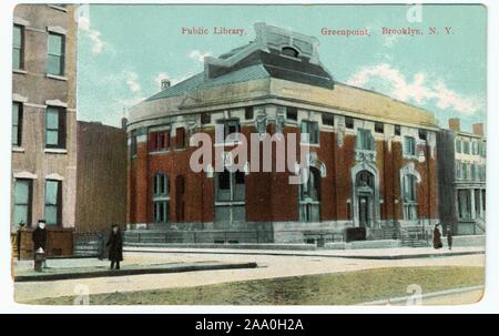 Cartolina illustrata della biblioteca pubblica a 107 Norman Ave, Greenpoint, Brooklyn, New York City, 1912. Dalla Biblioteca Pubblica di New York. () Foto Stock