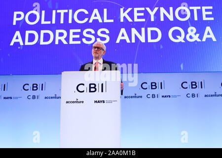 Hotel Intercontinental di Greenwich. Londra, Regno Unito. Xviii Nov, 2019. Il leader del partito laburista, Jeremy Corbyn fa un discorso per il business leader presso l annuale CBI (Confederazione dell'industria britannica) Conferenza in Intercontinental Hotel, Greenwich, Londra. Tutti i dirigenti di partiti politici sono il beccheggio della loro politica commerciale in Gran Bretagna della business community alla conferenza come elettori alle urne il 12 dicembre in un 'invernali' elezione generale. Credito: Dinendra Haria/Alamy Live News Foto Stock