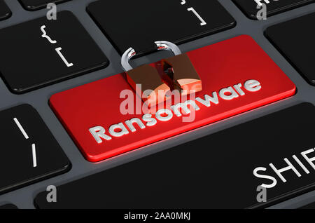 Ransomware pulsante rosso sulla tastiera, rendering 3D Foto Stock