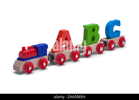 ABC giocattolo di legno treno isolati su sfondo bianco. Foto Stock