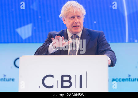 Londra, Regno Unito. Xviii Nov, 2019. La Gran Bretagna è il primo ministro Boris Johnson parla presso la Confederazione dell'industria britannica (CBI) conferenza annuale a Londra, Gran Bretagna, su nov. 18, 2019. In loro indirizzi presso la Confederazione dell'industria britannica conferenza annuale sul Lunedi, il leader del paese i tre principali partiti nazionali inviato enormemente diversi Brexit messaggi a una camera riempita con i business leader. Credito: Ray codolo/Xinhua/Alamy Live News Foto Stock