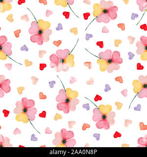 Seamless sfondo con cuori, il giorno di san valentino disegno ad acquerello con colorati cuori e trifoglio Foto Stock