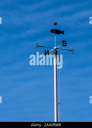 Pesce-sormontato weathervane in cima a un pennone, porto, pesce Creek, Wisconsin. Foto Stock