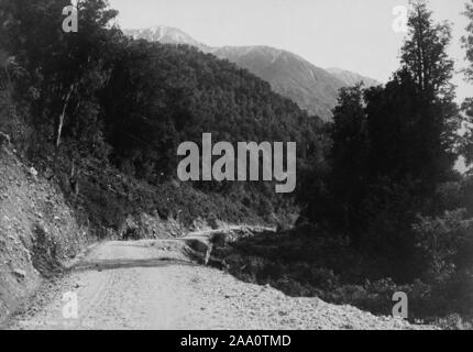 Fotografia in bianco e nero di una regione montuosa area boschiva e una strada che conduce a Hokitika nell'Isola del Sud, Nuova Zelanda, dal fotografo Frank Coxhead, 1885. Dalla Biblioteca Pubblica di New York. () Foto Stock